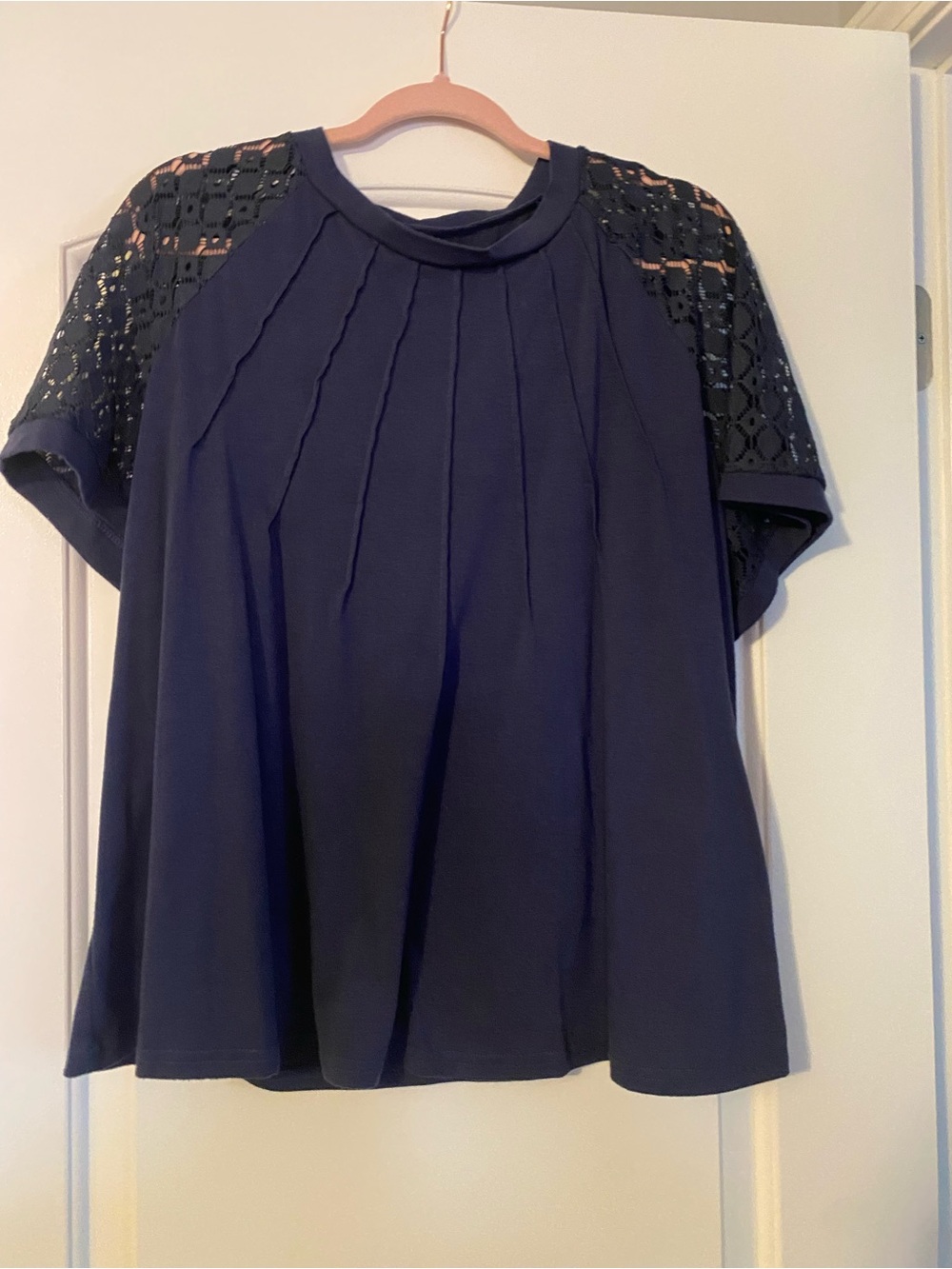 SHEIN Navy Pleated Top with Lace Raglan Sleeves